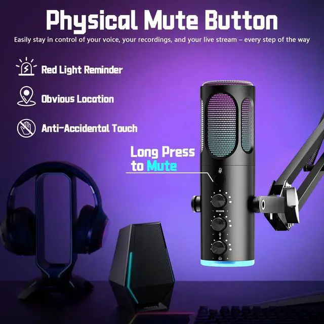 Alt view image 3 of 7 - Gaming Microphone for PC, USB Condenser Mic for PS4/5 and Mac, Noise Cancellation Computer Mic with Mute, Reverb, Adjustable Boom Arm, Pop Filter for Streaming/Podcasting/Recording/YouTube