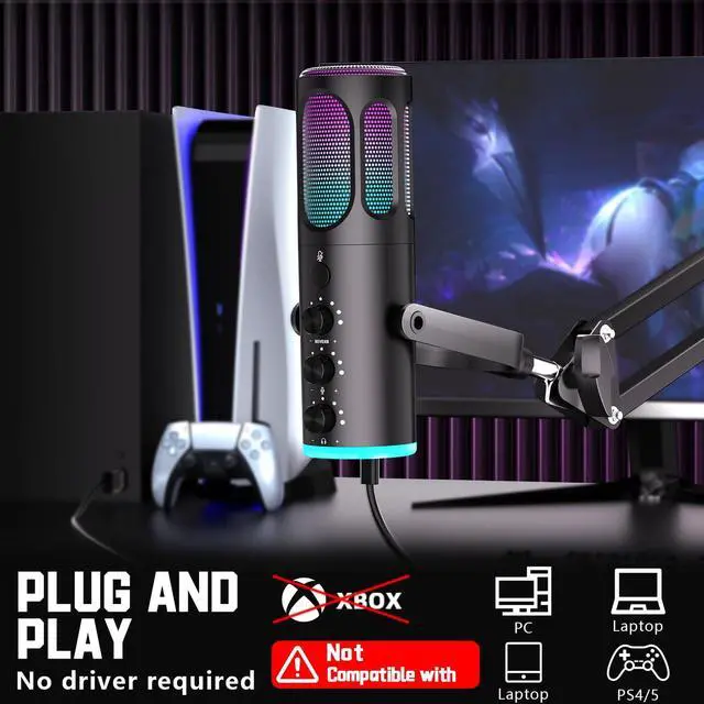Alt view image 6 of 7 - Gaming Microphone for PC, USB Condenser Mic for PS4/5 and Mac, Noise Cancellation Computer Mic with Mute, Reverb, Adjustable Boom Arm, Pop Filter for Streaming/Podcasting/Recording/YouTube
