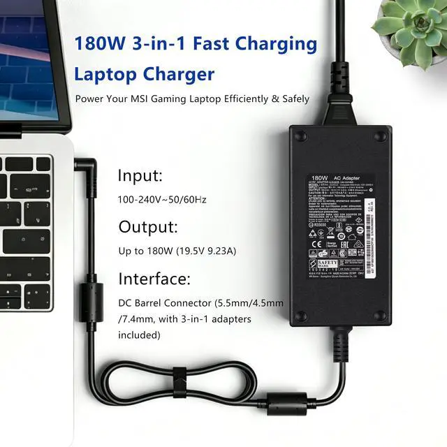 Alt view image 4 of 7 - 180W AC Power Adapter Compatible with MSI Gaming Laptop Thin GF63 GF65 GF75, Katana GF66 GF76, Stealth GS63 GS65, 19.5V 9.23A