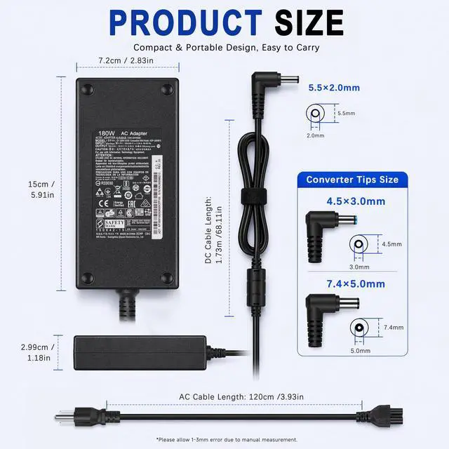 Alt view image 3 of 7 - 180W AC Power Adapter Compatible with MSI Gaming Laptop Thin GF63 GF65 GF75, Katana GF66 GF76, Stealth GS63 GS65, 19.5V 9.23A
