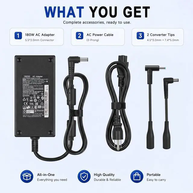Alt view image 7 of 7 - 180W AC Power Adapter Compatible with MSI Gaming Laptop Thin GF63 GF65 GF75, Katana GF66 GF76, Stealth GS63 GS65, 19.5V 9.23A