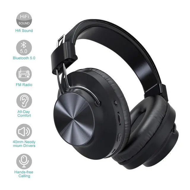Alt view image 3 of 7 - Bluetooth 5.0 Over- Ear Wireless Headphones 30 Hours Battery, FM Radio, MP3 Player, Micro SD/TF with 40mm Deep Bass Drivers, Premium Microphone Built-in Headset, Foldable, Comfortable, Mowing