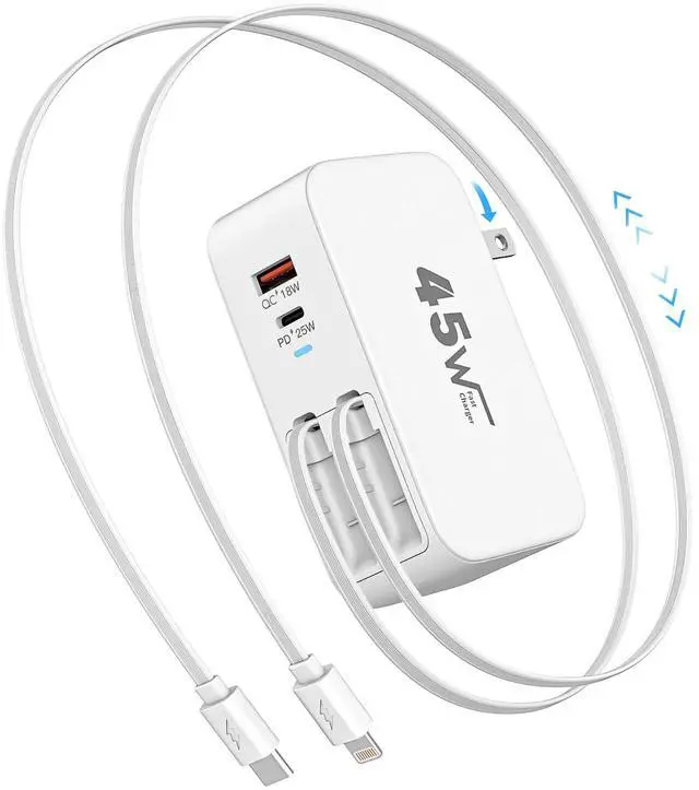 Main image of 4-in-1 Retractable Wall Charger 45W Dual USB Ports with Lightning & Type-C Cables, Foldable Fast Charging Block, Travel Essentials Multiport Plug for iPhone 17Pro Max/16/15/14/13/12, iPad Pro, AirPods