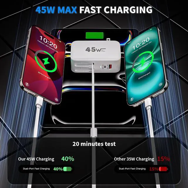 Alt view image 2 of 7 - 4-in-1 Retractable Wall Charger 45W Dual USB Ports with Lightning & Type-C Cables, Foldable Fast Charging Block, Travel Essentials Multiport Plug for iPhone 17Pro Max/16/15/14/13/12, iPad Pro, AirPods