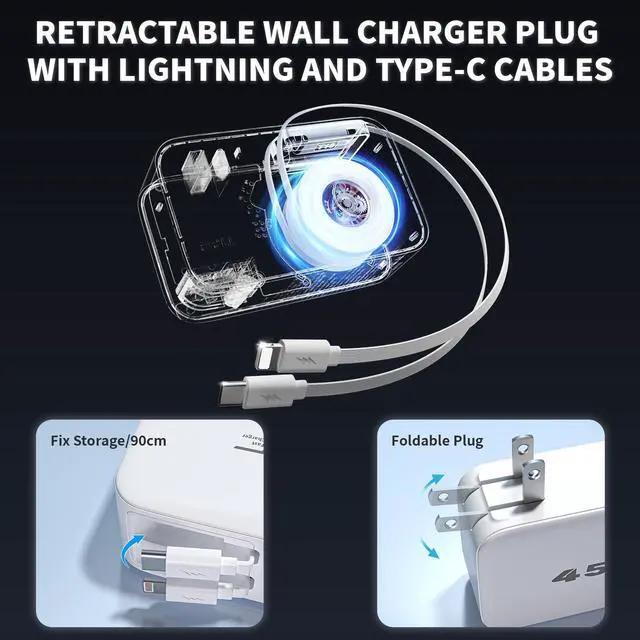 Alt view image 4 of 7 - 4-in-1 Retractable Wall Charger 45W Dual USB Ports with Lightning & Type-C Cables, Foldable Fast Charging Block, Travel Essentials Multiport Plug for iPhone 17Pro Max/16/15/14/13/12, iPad Pro, AirPods