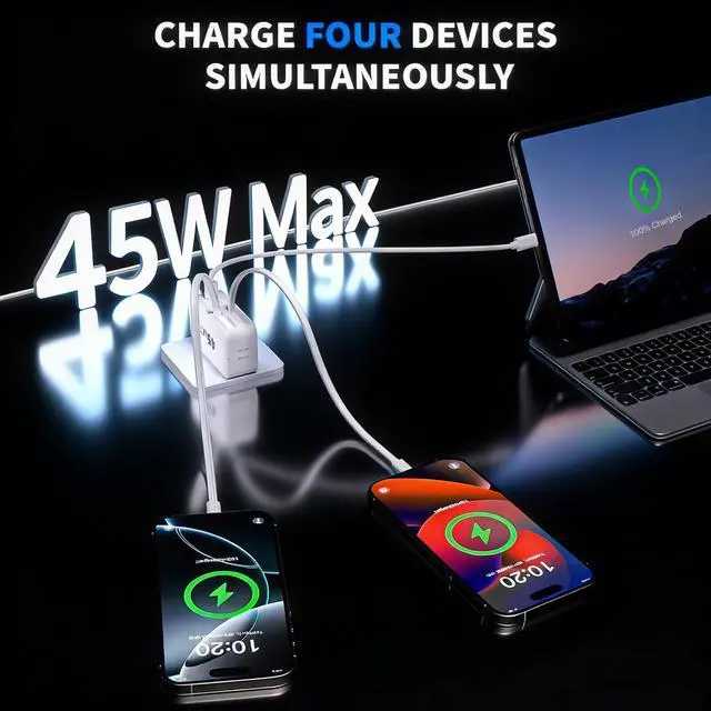 Alt view image 3 of 7 - 4-in-1 Retractable Wall Charger 45W Dual USB Ports with Lightning & Type-C Cables, Foldable Fast Charging Block, Travel Essentials Multiport Plug for iPhone 17Pro Max/16/15/14/13/12, iPad Pro, AirPods