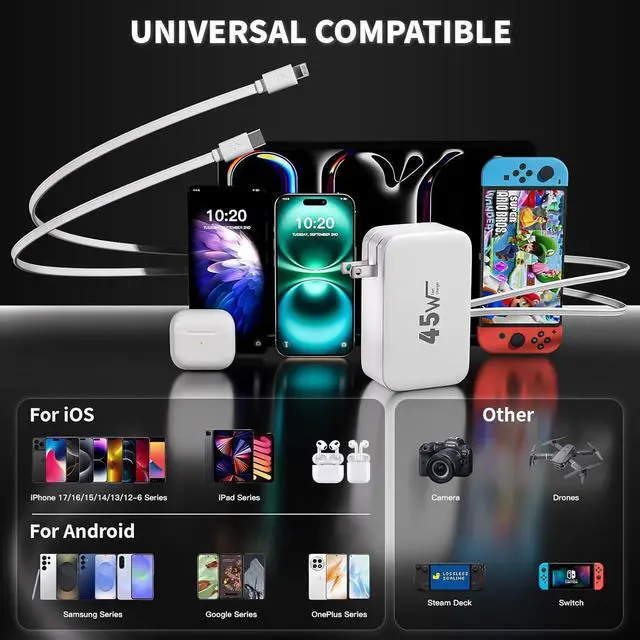 Alt view image 7 of 7 - 4-in-1 Retractable Wall Charger 45W Dual USB Ports with Lightning & Type-C Cables, Foldable Fast Charging Block, Travel Essentials Multiport Plug for iPhone 17Pro Max/16/15/14/13/12, iPad Pro, AirPods