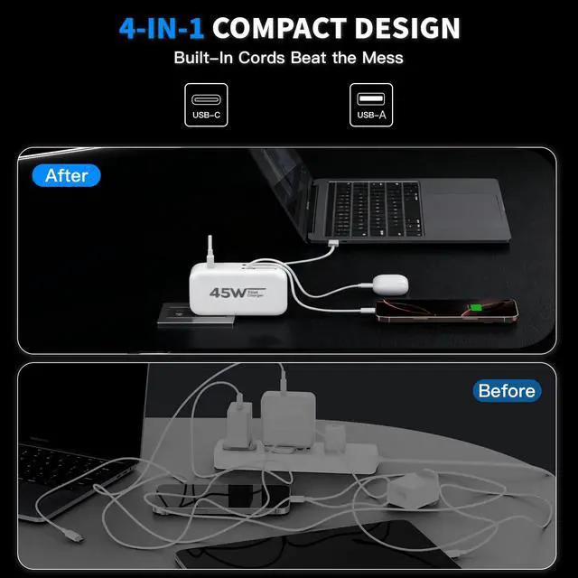 Alt view image 5 of 7 - 4-in-1 Retractable Wall Charger 45W Dual USB Ports with Lightning & Type-C Cables, Foldable Fast Charging Block, Travel Essentials Multiport Plug for iPhone 17Pro Max/16/15/14/13/12, iPad Pro, AirPods