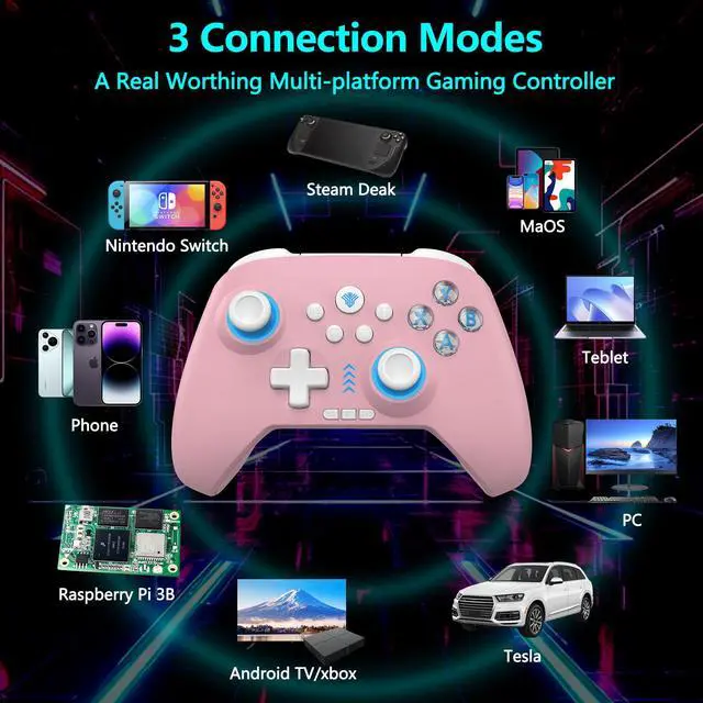 Alt view image 3 of 7 - 2.4G Wireless PC Controller with RGB Lighting/Programming Keys/Hall Joysticks/Hall Triggers/Vibrations,Three-Mode Switch Controller,Plug and Play Work for Windows PC, Android, Switch, Steam (PINK)