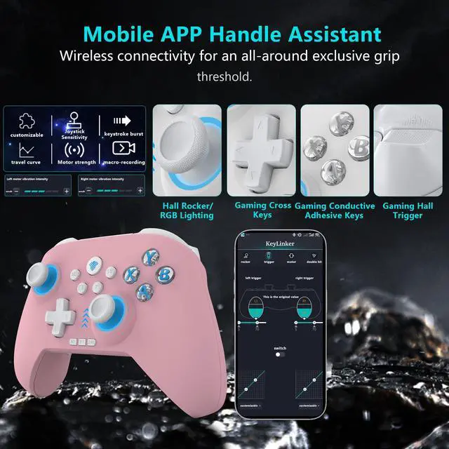 Alt view image 4 of 7 - 2.4G Wireless PC Controller with RGB Lighting/Programming Keys/Hall Joysticks/Hall Triggers/Vibrations,Three-Mode Switch Controller,Plug and Play Work for Windows PC, Android, Switch, Steam (PINK)