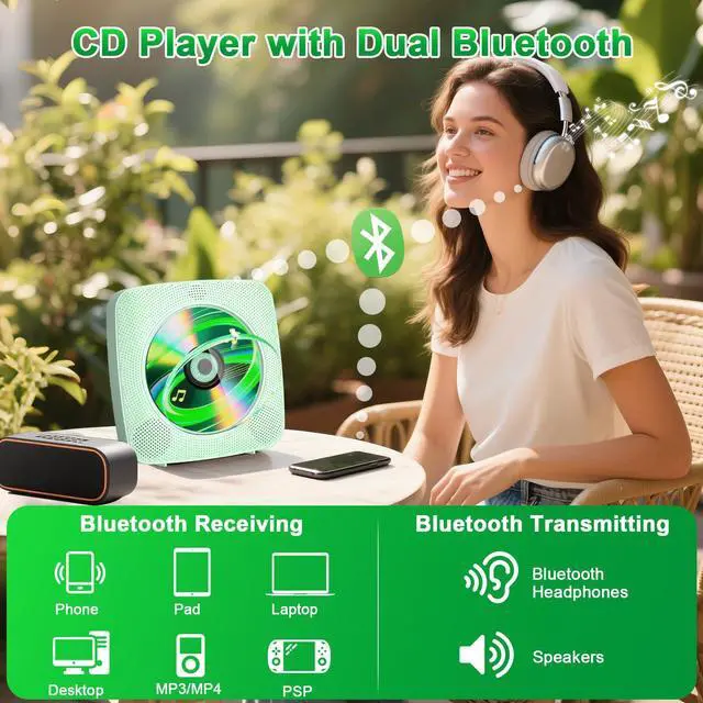 Alt view image 3 of 7 - CD Player Portable Rechargeable: CD Players for Home Portable CD Player with Bluetooth & Dual Speakers 1800mAh CD Boombox FM Radio USB Type-C MP3 Music Player