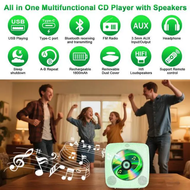 Alt view image 2 of 7 - CD Player Portable Rechargeable: CD Players for Home Portable CD Player with Bluetooth & Dual Speakers 1800mAh CD Boombox FM Radio USB Type-C MP3 Music Player