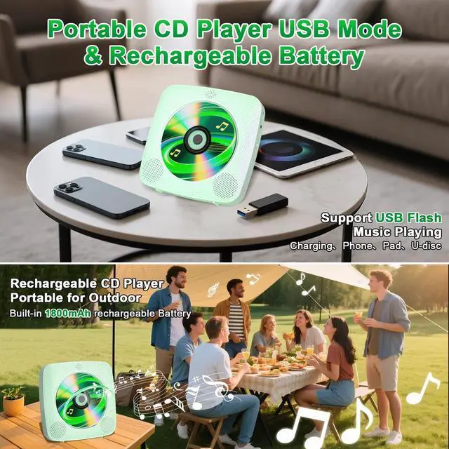 Alt view image 4 of 7 - CD Player Portable Rechargeable: CD Players for Home Portable CD Player with Bluetooth & Dual Speakers 1800mAh CD Boombox FM Radio USB Type-C MP3 Music Player