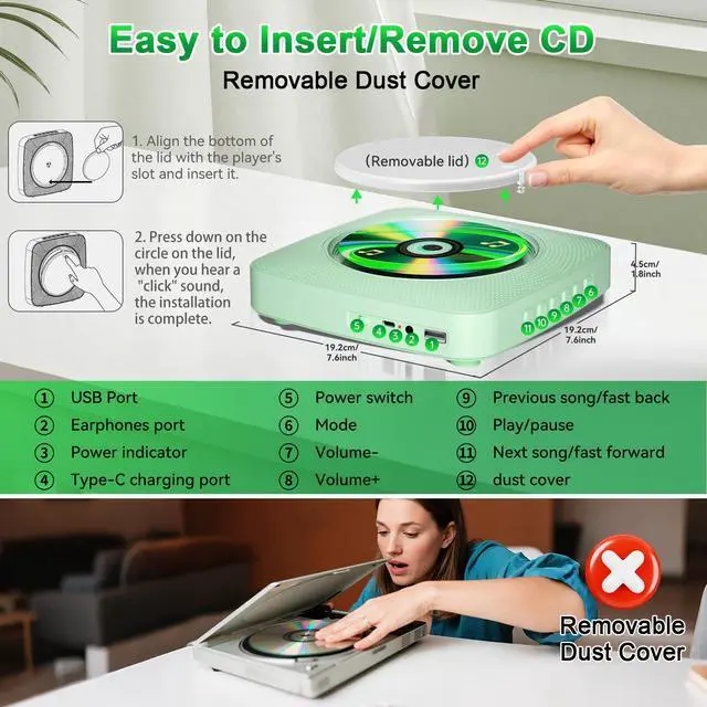 Alt view image 6 of 7 - CD Player Portable Rechargeable: CD Players for Home Portable CD Player with Bluetooth & Dual Speakers 1800mAh CD Boombox FM Radio USB Type-C MP3 Music Player