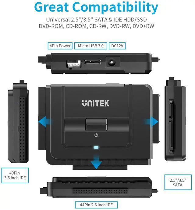 Alt view image 3 of 7 - USB 3.0 to IDE and SATA Converter External Hard Drive Adapter Kit for Universal 2.5/3.5 HDD/SSD Hard Drive Disk, One Touch Backup Function, Included 12V/2A Power Adapter