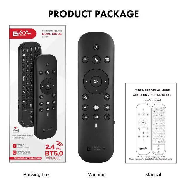 Alt view image 7 of 7 - Remote Control with 2.4G USB Dongle, Bluetooth Rechargeable Backlit Mini Bluetooth Keyboard for Android TV Box, Smart TV, Laptop, PC, Projector, HTPC, Media Player, Black