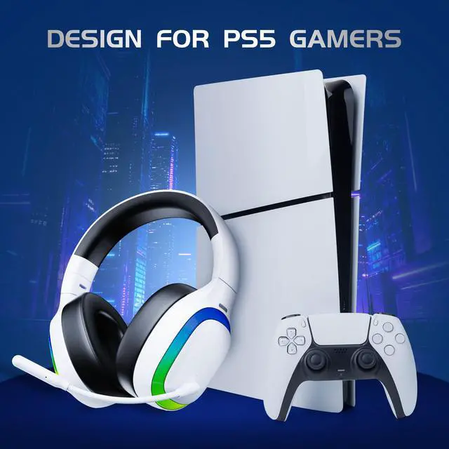 Alt view image 2 of 7 - 2.4Ghz Wireless Gaming Headset for PS5, PS4, PC, Mac, Bluetooth 5.4 Gaming Headphones with Noise Canceling Mic, 70H Battery, Surround Sound, Lay-Flat & Foldable - RGB White