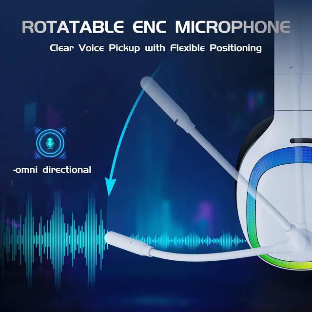 Alt view image 5 of 7 - 2.4Ghz Wireless Gaming Headset for PS5, PS4, PC, Mac, Bluetooth 5.4 Gaming Headphones with Noise Canceling Mic, 70H Battery, Surround Sound, Lay-Flat & Foldable - RGB White