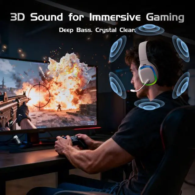 Alt view image 7 of 7 - 2.4Ghz Wireless Gaming Headset for PS5, PS4, PC, Mac, Bluetooth 5.4 Gaming Headphones with Noise Canceling Mic, 70H Battery, Surround Sound, Lay-Flat & Foldable - RGB White