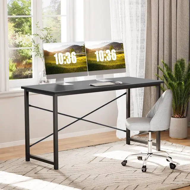 Alt view image 2 of 7 - Small Computer Office Desk 40 Inch Student Study Writing Work with Metal Frame Wood Tabletop Modern Simple Home Bedroom PC Table - Black, Compact Sturdy Desk for Laptop, Study, Gaming