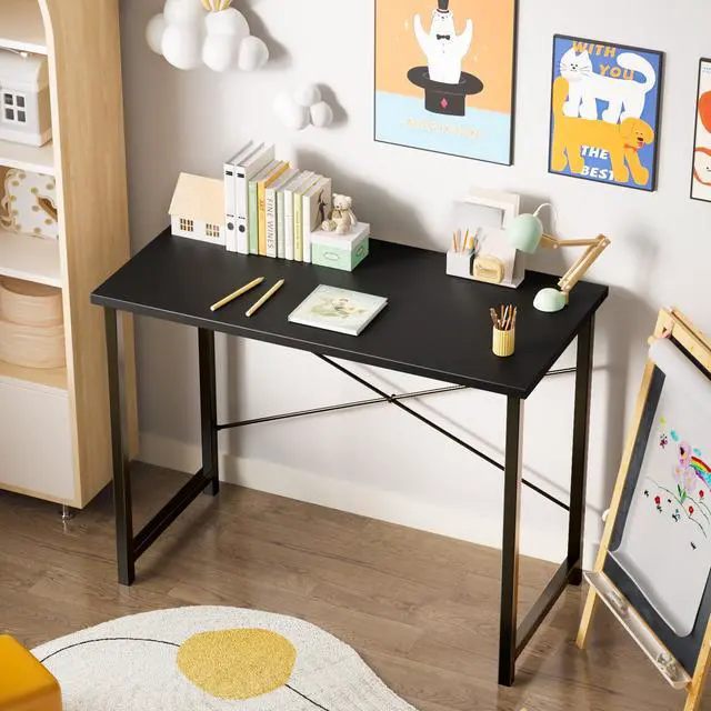Alt view image 3 of 7 - Small Computer Office Desk 40 Inch Student Study Writing Work with Metal Frame Wood Tabletop Modern Simple Home Bedroom PC Table - Black, Compact Sturdy Desk for Laptop, Study, Gaming