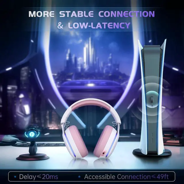 Alt view image 2 of 7 - 2.4GHz Wireless Gaming Headset for PS5, PS4 Fortnite & FPS Gamers, PC, Nintendo Switch, Bluetooth 5.3 Gaming Headphones with Noise Canceling Mic, Stereo Sound, 40+Hr Battery (Pink)