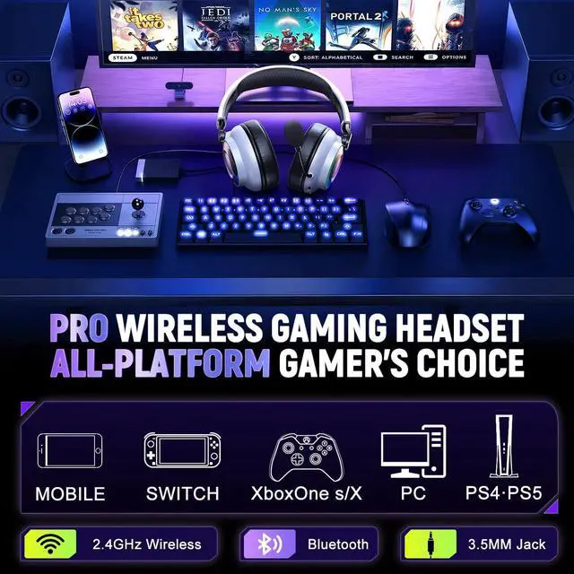 Alt view image 6 of 7 - Ultra-Light 4-in-1 Wireless Gaming Headset for PS5 PS4 Xbox, 7.1 Surround Sound, Noise Cancelling Mic, RGB Lights, 40H+ Battery, Lossless Audio, Comfy Over Ear Headphones for PC, Switch, Mac