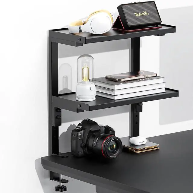 Main image of clamp on Desk Shelf, 2 Tier Office Desk Shelves Organizer, Wood Desktop Supplies Storage Rack, Desk Organizers and Accessories (Black)