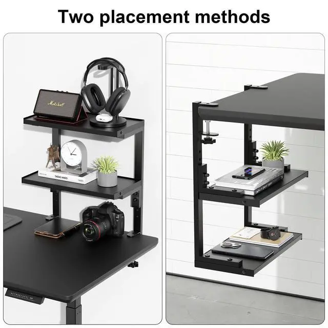 Alt view image 3 of 7 - clamp on Desk Shelf, 2 Tier Office Desk Shelves Organizer, Wood Desktop Supplies Storage Rack, Desk Organizers and Accessories (Black)