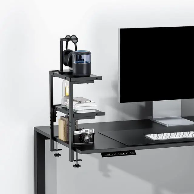 Alt view image 6 of 7 - clamp on Desk Shelf, 2 Tier Office Desk Shelves Organizer, Wood Desktop Supplies Storage Rack, Desk Organizers and Accessories (Black)