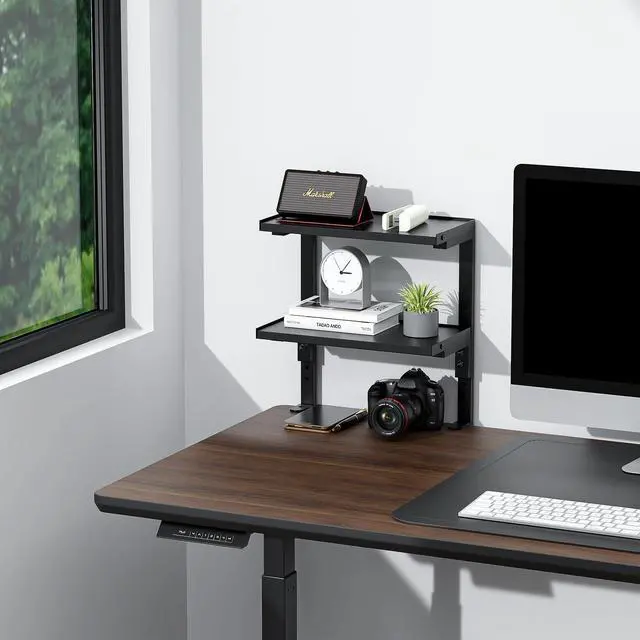 Alt view image 7 of 7 - clamp on Desk Shelf, 2 Tier Office Desk Shelves Organizer, Wood Desktop Supplies Storage Rack, Desk Organizers and Accessories (Black)