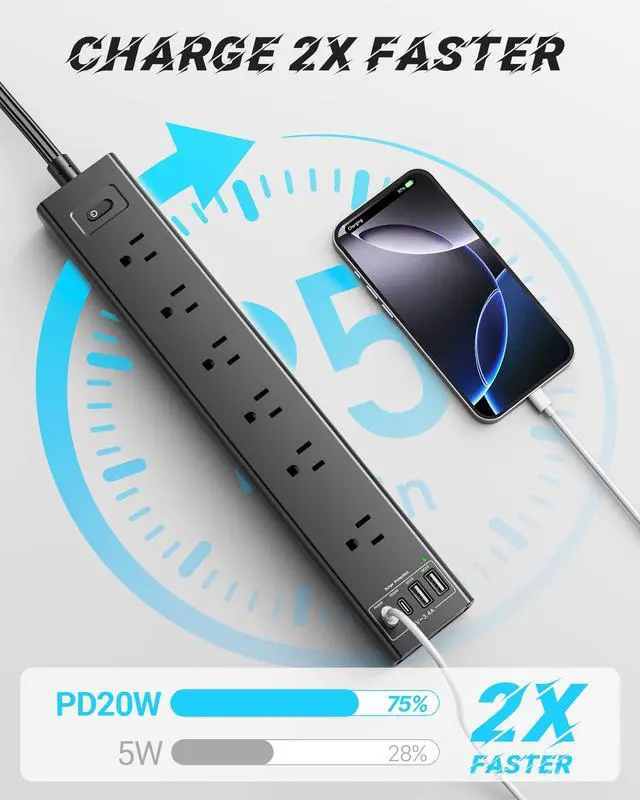 Alt view image 2 of 7 - Mountable Power Strip, Wall Mount Surge Protector Power Strip with USB Ports, 6ft Flat Plug Extension Cord with Multiple Outlets for Under Desk/TV Behind
