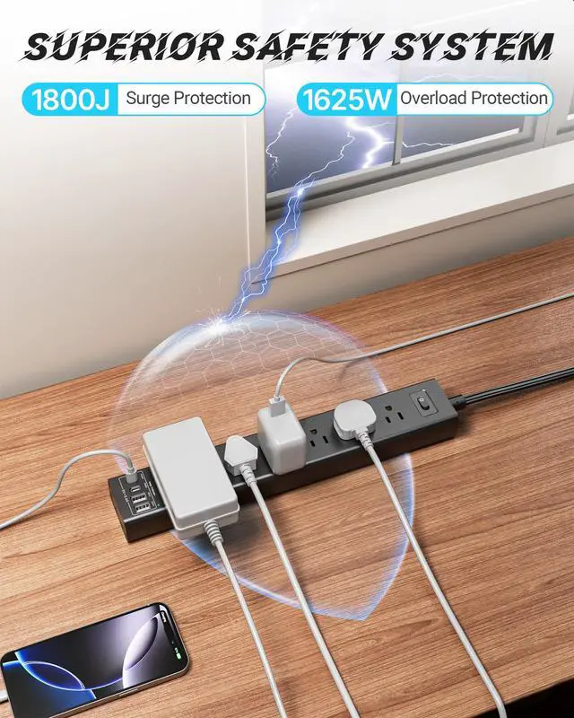 Alt view image 3 of 7 - Mountable Power Strip, Wall Mount Surge Protector Power Strip with USB Ports, 6ft Flat Plug Extension Cord with Multiple Outlets for Under Desk/TV Behind