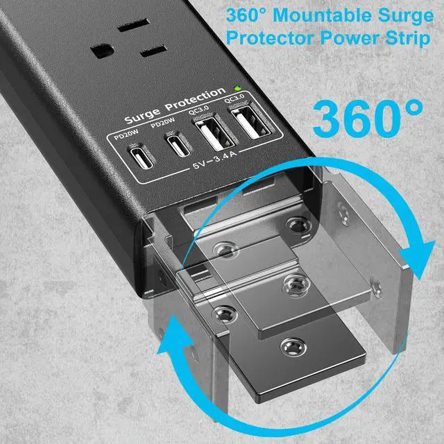 Alt view image 4 of 7 - Mountable Power Strip, Wall Mount Surge Protector Power Strip with USB Ports, 6ft Flat Plug Extension Cord with Multiple Outlets for Under Desk/TV Behind