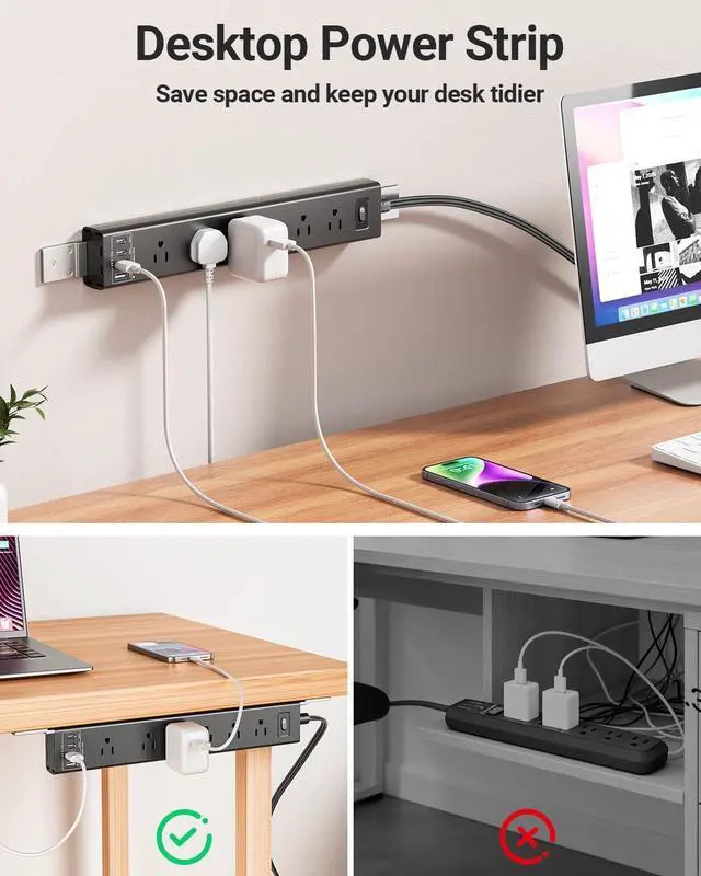 Alt view image 6 of 7 - Mountable Power Strip, Wall Mount Surge Protector Power Strip with USB Ports, 6ft Flat Plug Extension Cord with Multiple Outlets for Under Desk/TV Behind