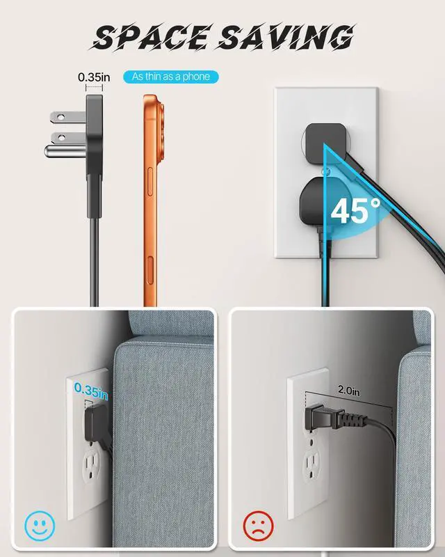 Alt view image 5 of 7 - Mountable Power Strip, Wall Mount Surge Protector Power Strip with USB Ports, 6ft Flat Plug Extension Cord with Multiple Outlets for Under Desk/TV Behind