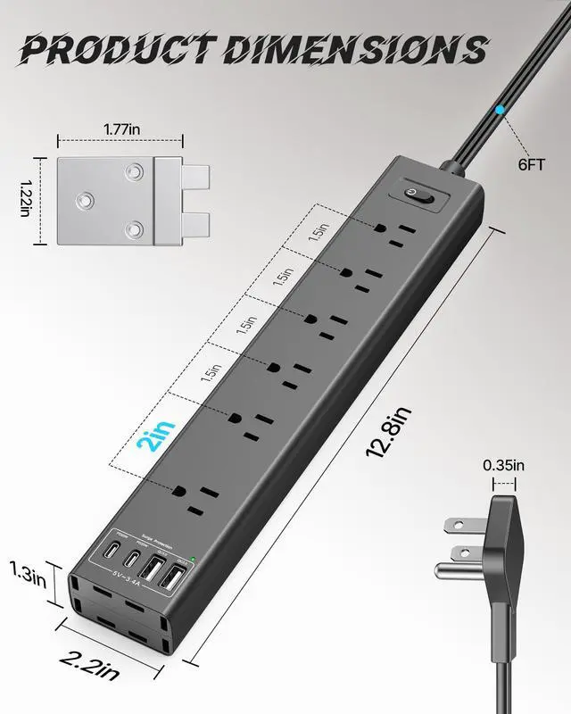 Alt view image 7 of 7 - Mountable Power Strip, Wall Mount Surge Protector Power Strip with USB Ports, 6ft Flat Plug Extension Cord with Multiple Outlets for Under Desk/TV Behind