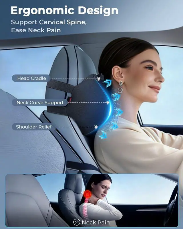Alt view image 2 of 7 - Car Headrest Pillow Memory Foam Car Neck Pillow with Adjustable Strap Soft Leather Headrest for Driving Home Office Black (1PC)