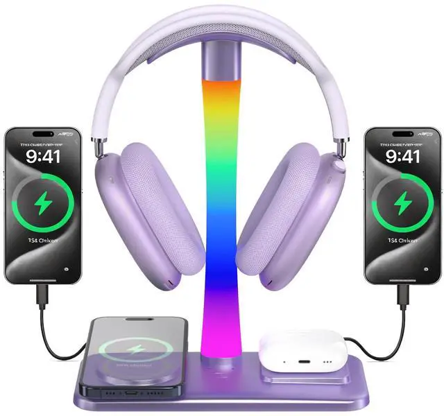 Main image of Headphone Stand with Wireless Charger,Gaming Headset stand with RGB Light,For Airpod Max Stand Compatible with Airpod Pro/3/2,For iPhone 17/16/15/14/13/12/11,Gifts for Gamers & Music Lover (Purple)