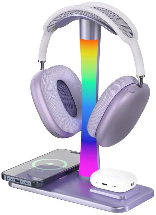 Alt view image 2 of 7 - Headphone Stand with Wireless Charger,Gaming Headset stand with RGB Light,For Airpod Max Stand Compatible with Airpod Pro/3/2,For iPhone 17/16/15/14/13/12/11,Gifts for Gamers & Music Lover (Purple)