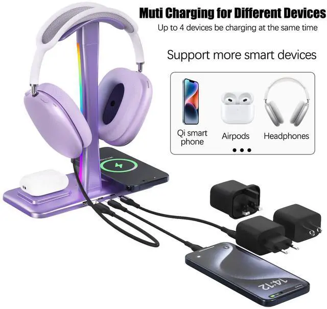 Alt view image 5 of 7 - Headphone Stand with Wireless Charger,Gaming Headset stand with RGB Light,For Airpod Max Stand Compatible with Airpod Pro/3/2,For iPhone 17/16/15/14/13/12/11,Gifts for Gamers & Music Lover (Purple)