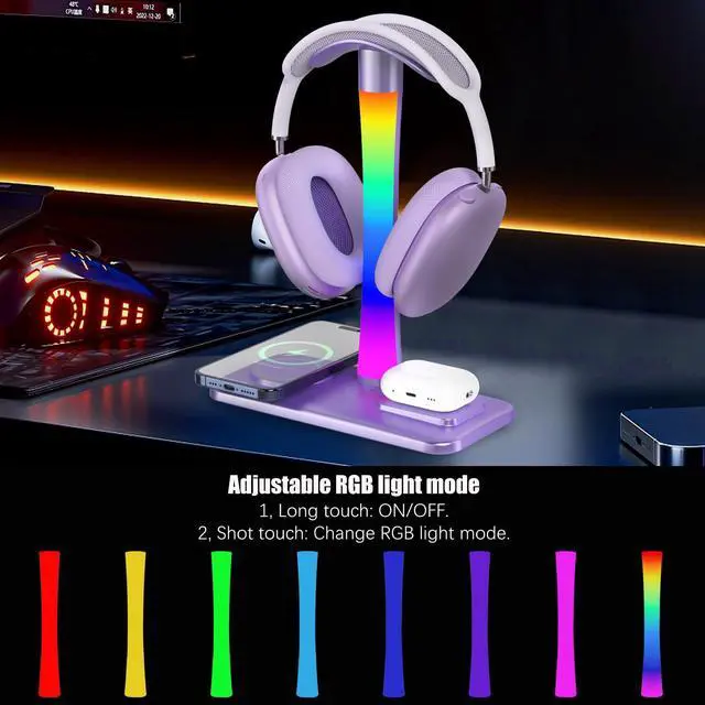 Alt view image 4 of 7 - Headphone Stand with Wireless Charger,Gaming Headset stand with RGB Light,For Airpod Max Stand Compatible with Airpod Pro/3/2,For iPhone 17/16/15/14/13/12/11,Gifts for Gamers & Music Lover (Purple)