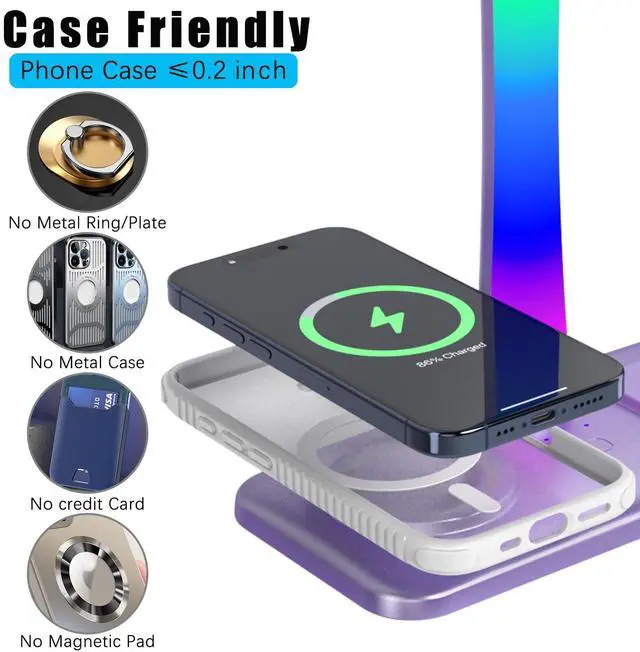 Alt view image 6 of 7 - Headphone Stand with Wireless Charger,Gaming Headset stand with RGB Light,For Airpod Max Stand Compatible with Airpod Pro/3/2,For iPhone 17/16/15/14/13/12/11,Gifts for Gamers & Music Lover (Purple)