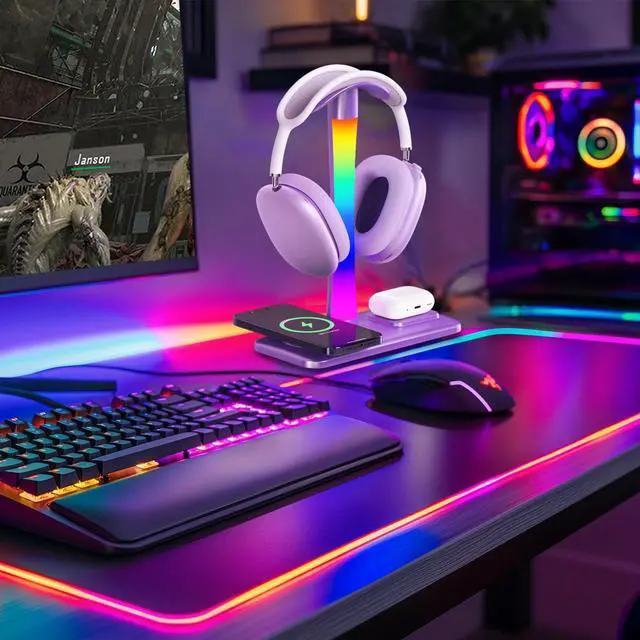 Alt view image 7 of 7 - Headphone Stand with Wireless Charger,Gaming Headset stand with RGB Light,For Airpod Max Stand Compatible with Airpod Pro/3/2,For iPhone 17/16/15/14/13/12/11,Gifts for Gamers & Music Lover (Purple)