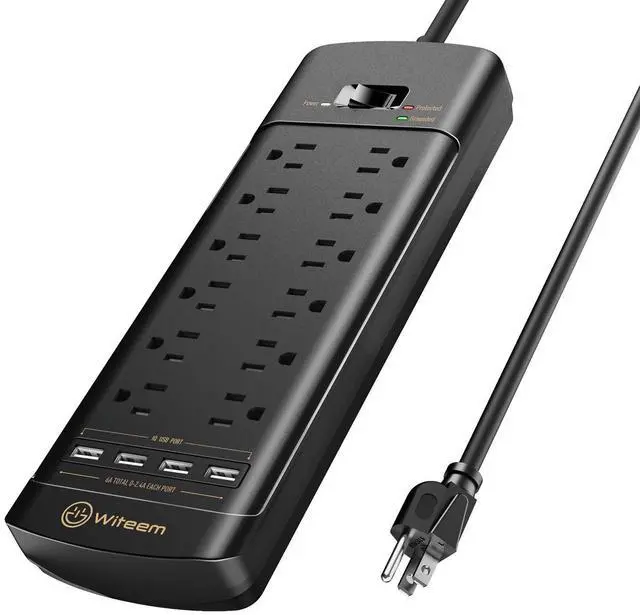 Main image of Surge Protector Power Strip - 12 Outlets,4 USB 6A Ports, 6Ft Extension Cord, 1875W/15A, 4360Joules, Overload Protection - Ideal for Home & Office Use (Black-USB6A)
