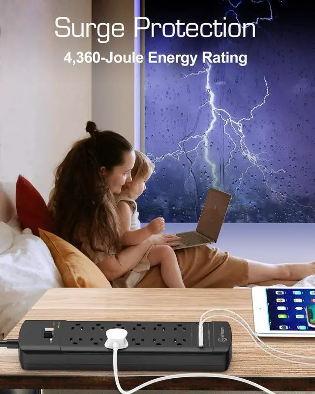 Alt view image 4 of 5 - Surge Protector Power Strip - 12 Outlets,4 USB 6A Ports, 6Ft Extension Cord, 1875W/15A, 4360Joules, Overload Protection - Ideal for Home & Office Use (Black-USB6A)