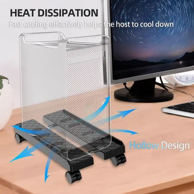 Alt view image 6 of 7 - Adjustable Mobile CPU Stand, Ventilated Computer Tower Stand with 4 Caster Wheels Fits Most PC Tower, Under Desk CPU Holder PC Floor Cart Computer Riser for Gamers and Students (Large Black)