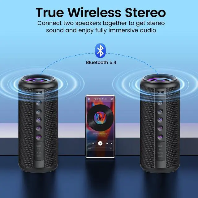 Alt view image 4 of 7 - Portable Bluetooth Speaker, 2026 Bluetooth 5.4 Wireless Speaker with 20W HD Loud Stereo Sound, TWS Pairing, 20H playtime, RGB Lights, IP7, Built-in Mic, for Outdoor, Home, Beach, Party, Gift, Black