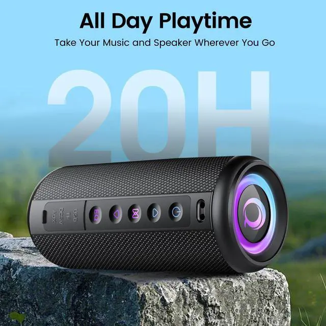 Alt view image 5 of 7 - Portable Bluetooth Speaker, 2026 Bluetooth 5.4 Wireless Speaker with 20W HD Loud Stereo Sound, TWS Pairing, 20H playtime, RGB Lights, IP7, Built-in Mic, for Outdoor, Home, Beach, Party, Gift, Black