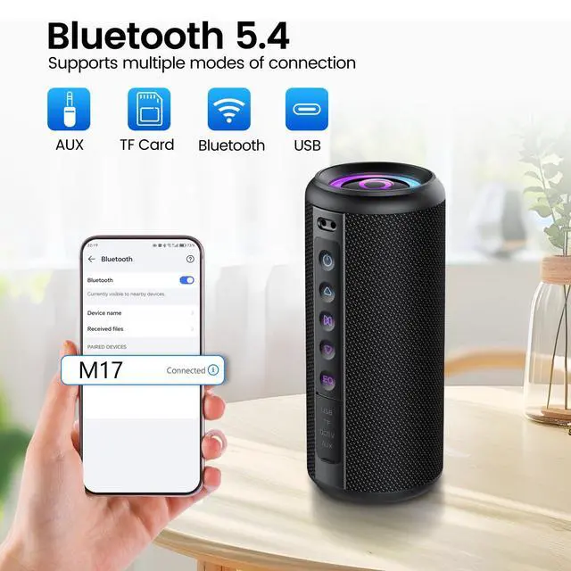 Alt view image 6 of 7 - Portable Bluetooth Speaker, 2026 Bluetooth 5.4 Wireless Speaker with 20W HD Loud Stereo Sound, TWS Pairing, 20H playtime, RGB Lights, IP7, Built-in Mic, for Outdoor, Home, Beach, Party, Gift, Black